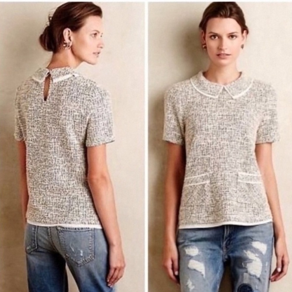 Anthropologie Postmark Tweed Thornburgh Short Sleeve Collared Top Size XS